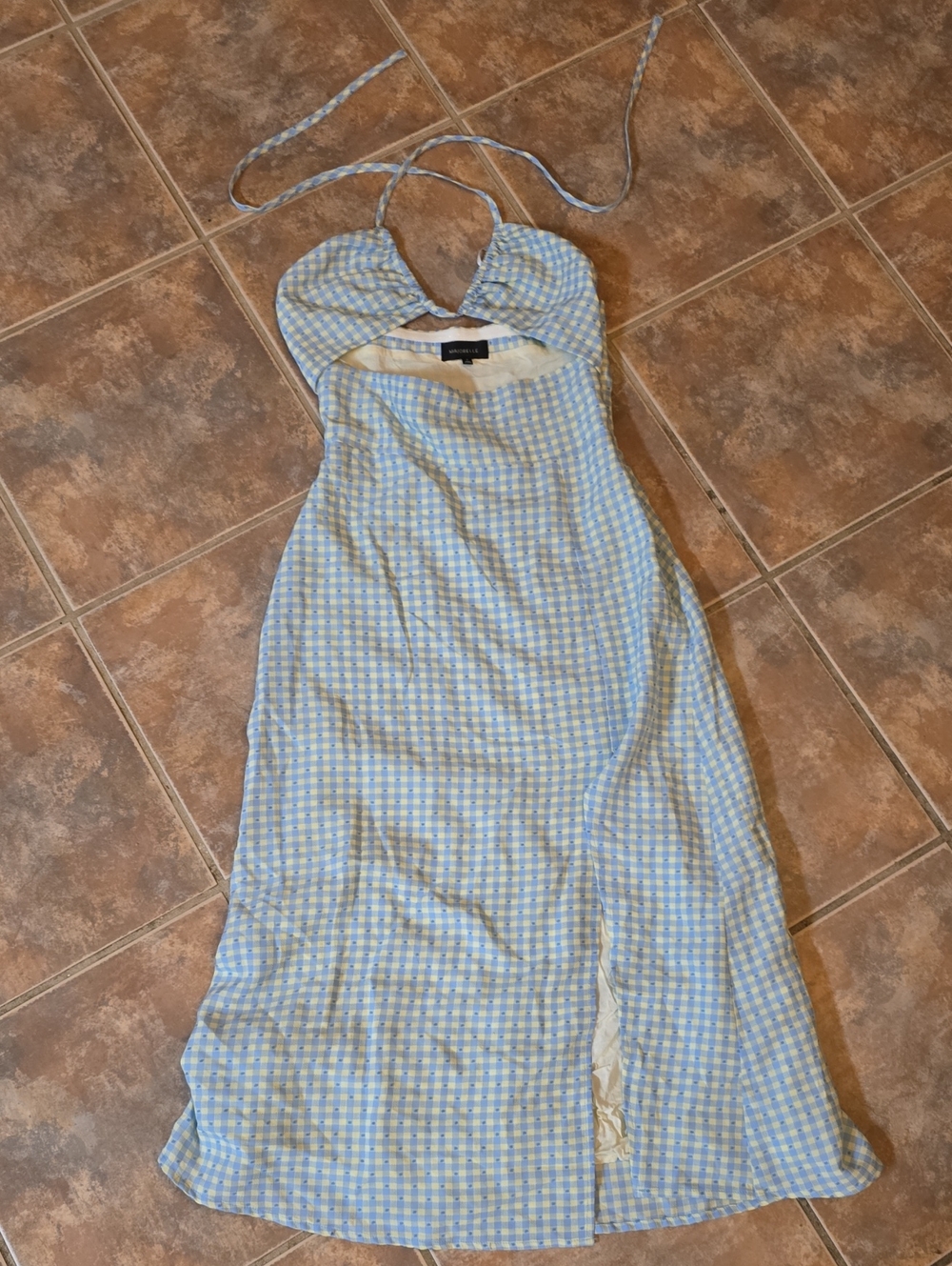 MAJORELLE Light Blue Gingham Halter Maxi Dress